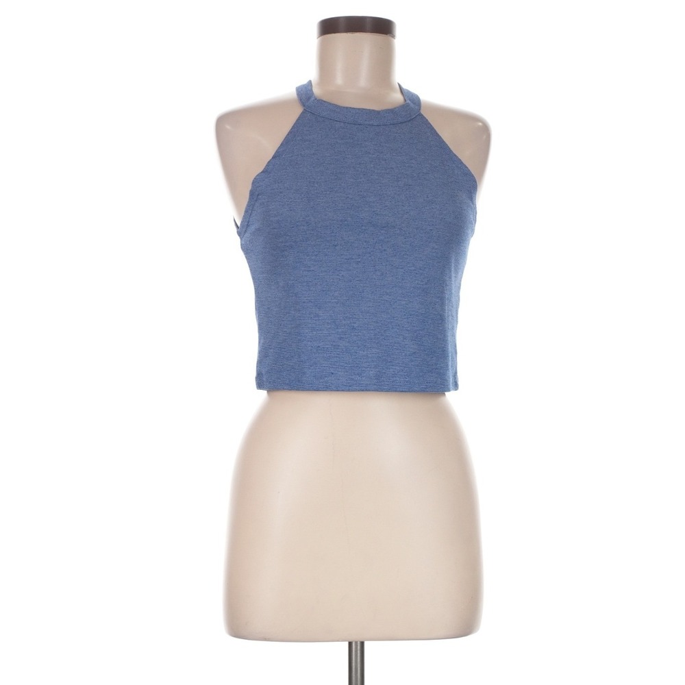 Zara Trafaluc Women's Size Small High Neck Tank Top Blue White Stripes Cropped